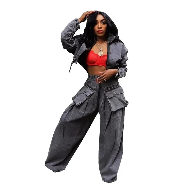Casual Loose Denim Two Piece Set for Women Streetwear 2023 Autumn Zipper High Collar Crop Top Elastic Waist Wide Leg Cargo Pants