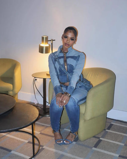 Fashion Two Tone Washed Denim Moto Jacket and Pants 2 Pieces Set for 2025 Fall Woman Casual Jeans 2piece Sets Outfits Streetwear