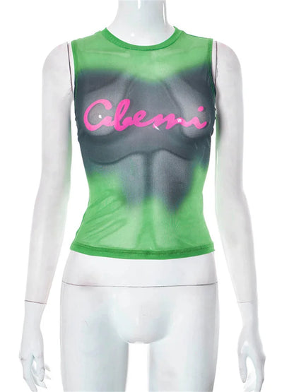 Simenual Fairy Grunge Tie Dye Printed Sleeveless Tank Top Sexy Mesh See Through Crop Tops Women Hot Club Vest Y2K Slim Clothing