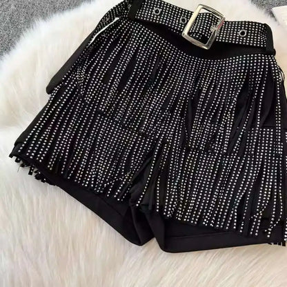 XFPV American Style Women's Shorts Summer Belt Gathered Waist Zipper Spliced Beading Tassel Shorts Female New Fashion 22D1803