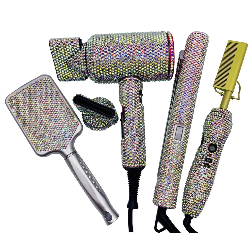 4 Piece Hair Tools Set Rhinestone Flat Iron Heating Comb Hair Blow Dryer Set Bling Hot Tools Set for Hair Stylist