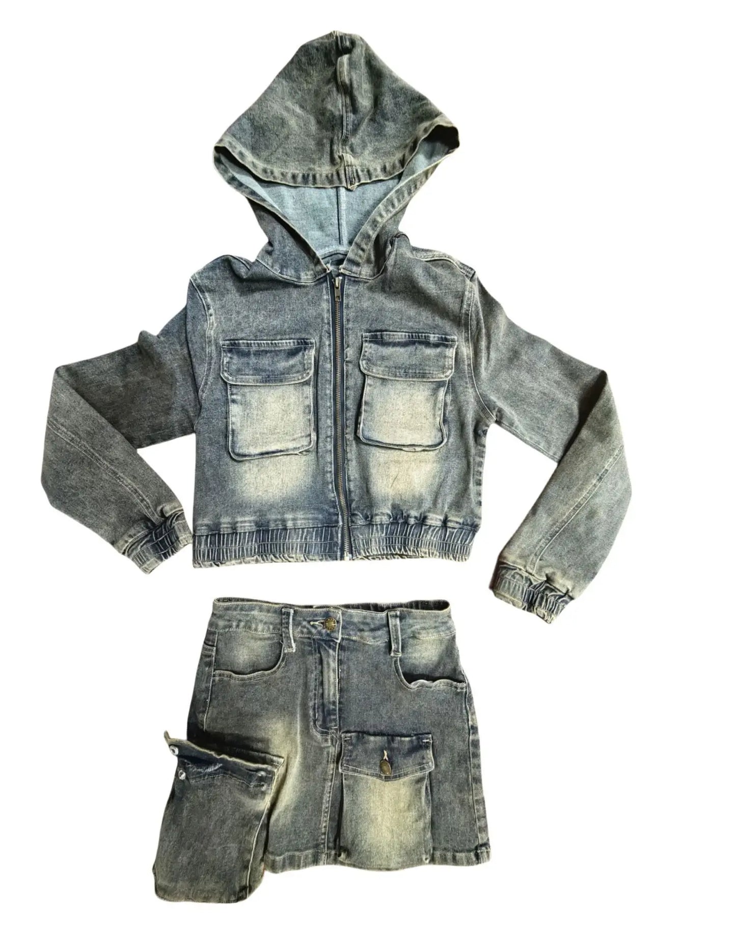 FAGADOER Y2k Retro Denim Two Piece Set Hot Girl Cargo Pockets Patchwork Zip Jacket and Stretchy Mini Skirts Suits Streetwear New