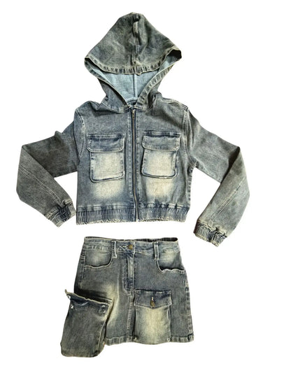 FAGADOER Y2k Retro Denim Two Piece Set Hot Girl Cargo Pockets Patchwork Zip Jacket and Stretchy Mini Skirts Suits Streetwear New