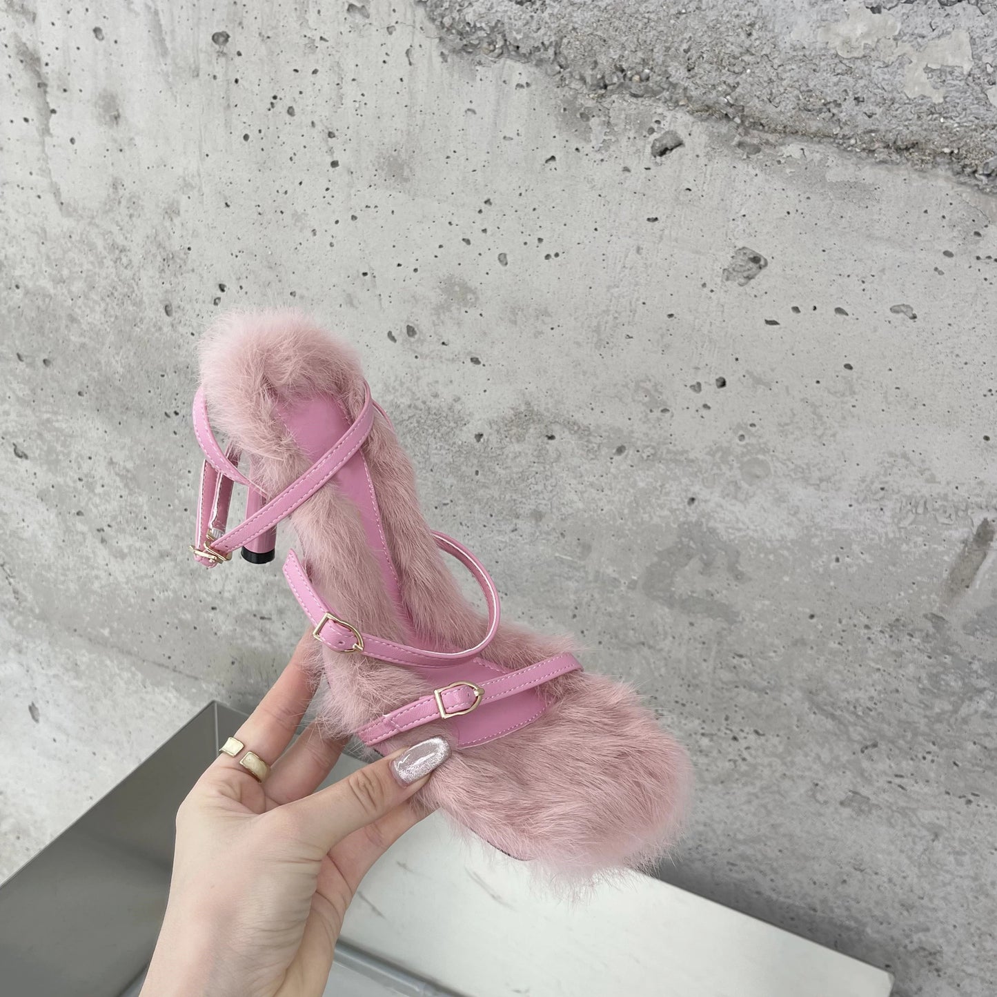 Eilyken 2025 New Brand Plush Fur Fuzzy Sandals Women Thin Heels Fashion Square Toe Ankle Lace Up Buckle Strap Slides Shoes