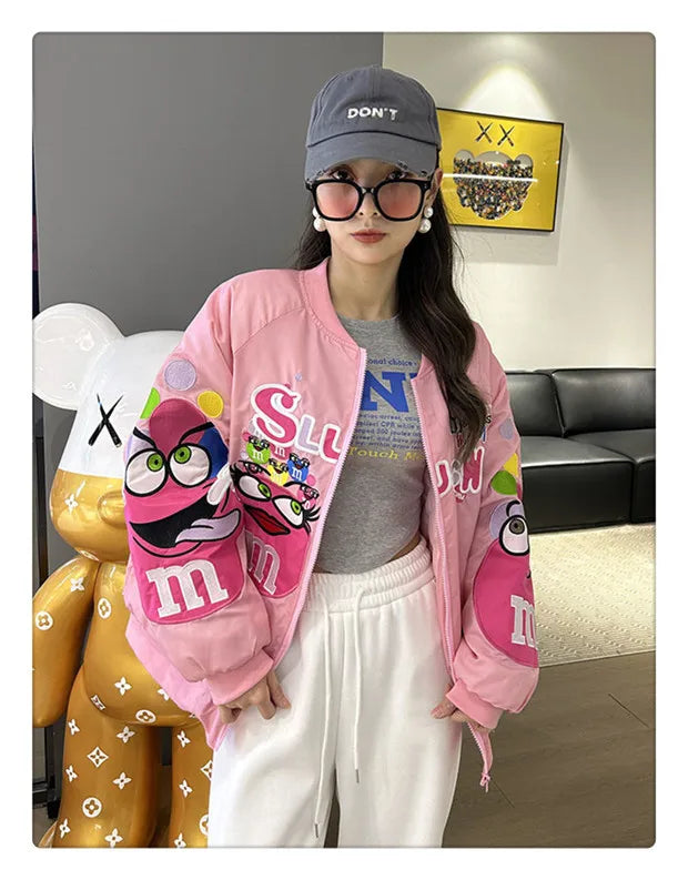 Cross-border Cartoon Embroidery Baseball Jacket For Men Women Casual Loose Fit Hip Hop Top Spring Autumn Letter Couple Jacket