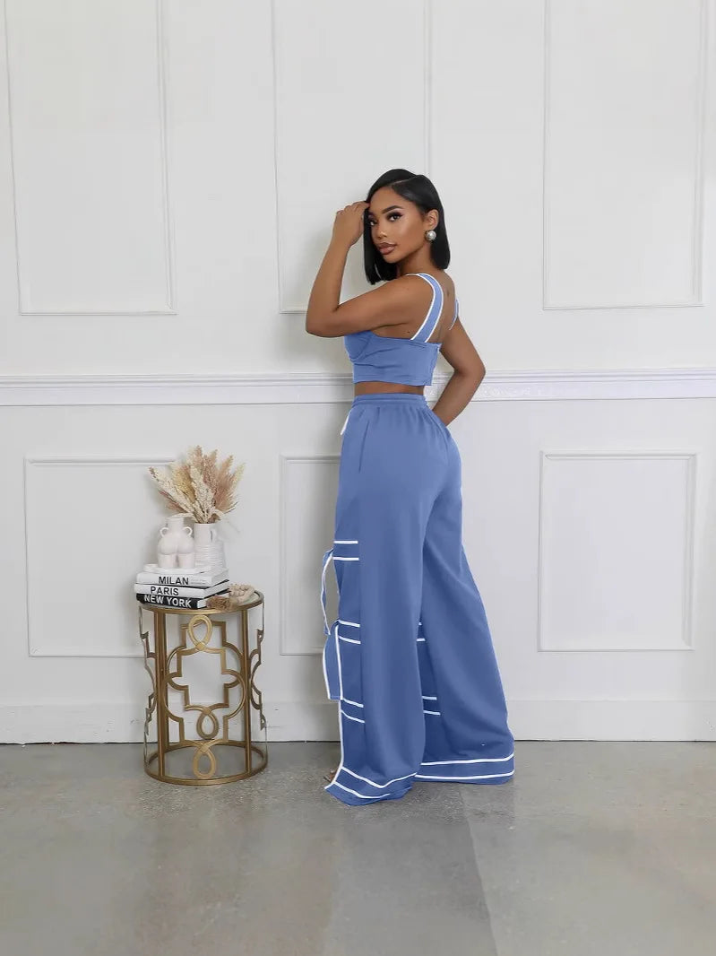 CM.YAYA Fashion Women Striped Patchwork Bowknot Split Wide Leg Jogger Pants 2025 Summer Active Sporty Classic Trousers