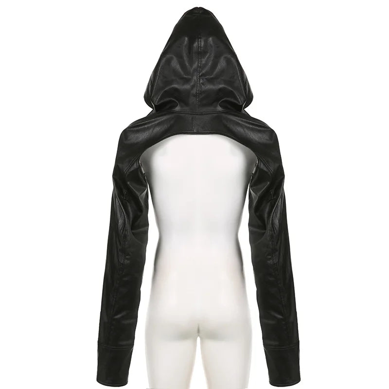 ALLNeon Y2K Rave Faux Pu Leather Hooded Cropped Jackets Tops Baddie Punk Long Sleeve Hoodies Short Coat Women Hot Street Outwear
