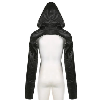 ALLNeon Y2K Rave Faux Pu Leather Hooded Cropped Jackets Tops Baddie Punk Long Sleeve Hoodies Short Coat Women Hot Street Outwear