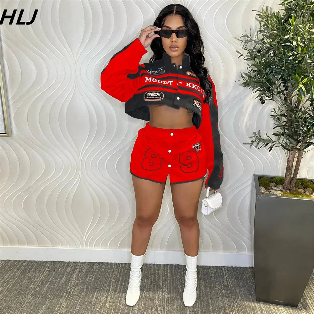 HLJ Letter Print Two Piece Outfits 2023 Autumn Winter Casual Sporty Baseball Coat Skirts Suits Detachable Buttons Y2k Streetwear