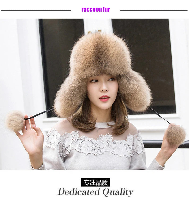 2025 100% Real Fox Fur Hats Women's Russian Ushanka Aviator Trapper Snow Skiing Hat Caps Earflap Winter Raccoon Fur Bomber Hat
