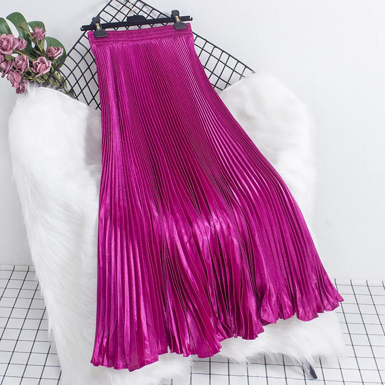 Women's Fashion Pleated Mermaid Long Skirt Korean Style Casual High Waist Satin Flowy Skirts Shiny 19 Colors 2024 Spring SK500
