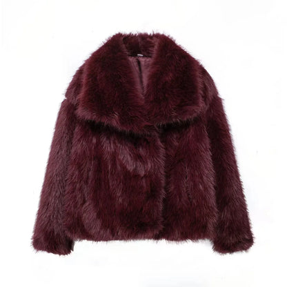 TRAFZA Female Vintage Artificial Fur Effect Coats Lapel Warm Plush Long Sleeves Hidden Buttons Autumn Winter Casual Outerwear