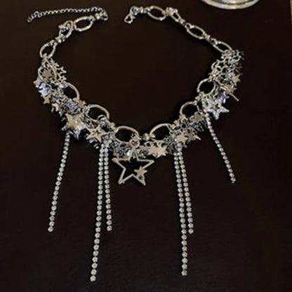 Silver Color Hollow Star Choker Necklaces For Women Long Tassel Rhinestone Imitation Pearl Chain Necklaces Statements Jewelry