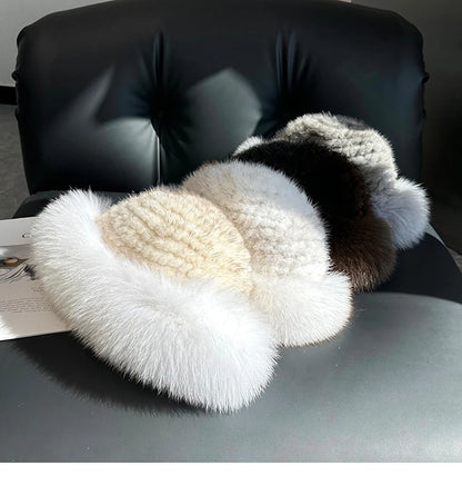 New Genuine Real Natural Knitted Mink Fur Hat Cap Luxury Women Handmade Knit Fashion Winter Headwear Warm Real Fox Fur Beanies