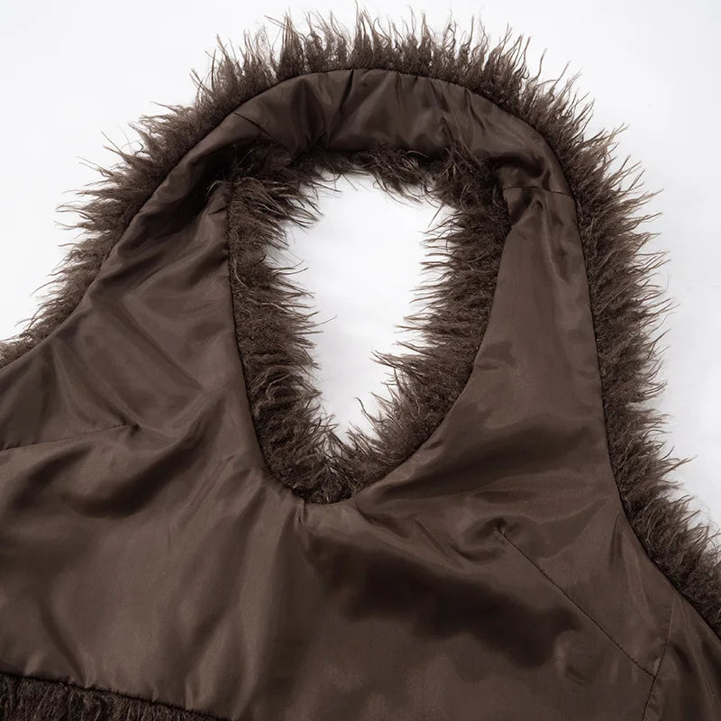Joskaa Sexy Faux Fur Waistcoat Women Furry Backless Bandage Halter Crop Vests Coat 2025 Fashion Warm Outerwear Y2K Streetwear