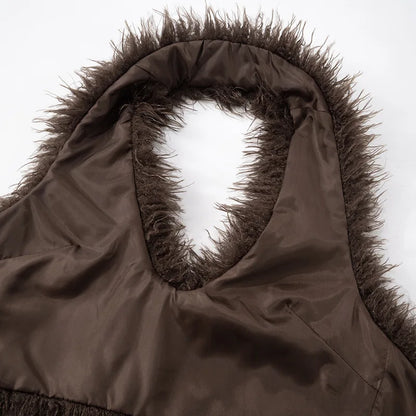 Joskaa Sexy Faux Fur Waistcoat Women Furry Backless Bandage Halter Crop Vests Coat 2025 Fashion Warm Outerwear Y2K Streetwear