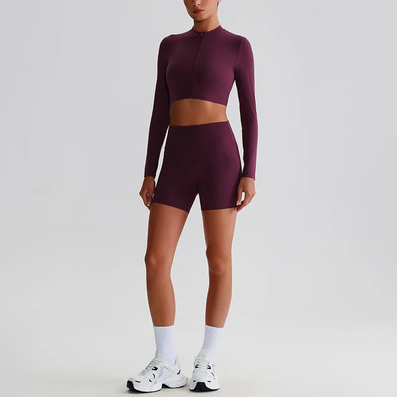 Customized LOGO Women's Skin-friendly Sports Yoga Clothing Slim Elastic Jacket Fitness Shorts Long Sleeve Two-piece Set