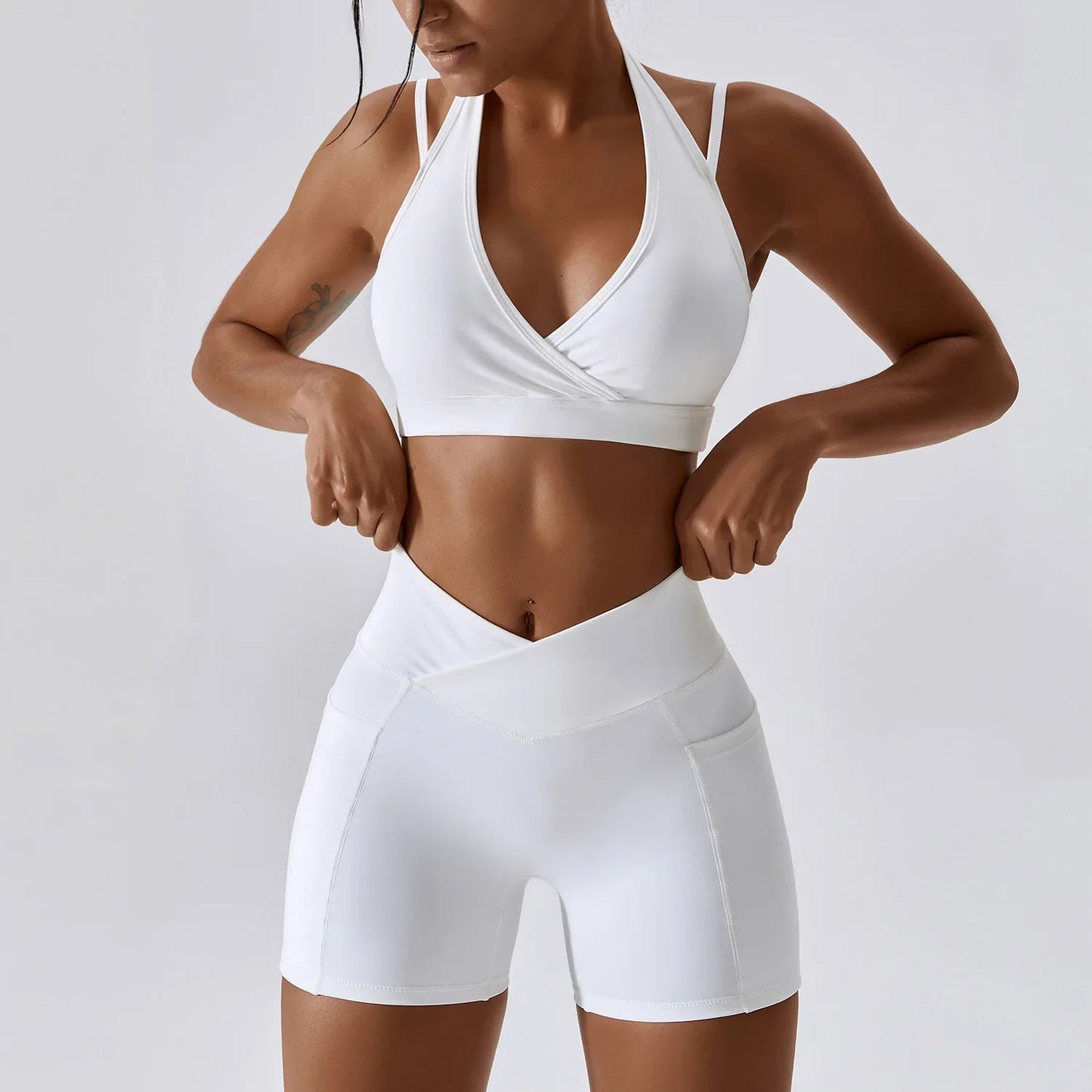 Custom LOGO Butt Lifting Workout Nylon Athletic Matching Sexy Gym Fitness Summer Yoga Biker Women Shorts Sets
