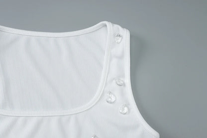 Dulzura Ribbed Sleeveless Water Droplets Diamond Decorated Tank Sexy Casual Bodycon Top Party Club Streetwear Spring Summer
