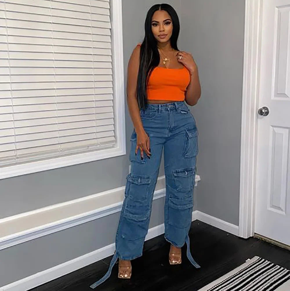 Solid Casual Baggy Cargo Pants for Women Youthful Female Trousers Multi-pocket Fashion Vintage Women's High Waist Wide Pants
