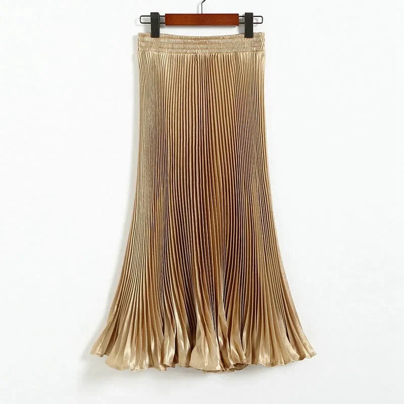Women's Fashion Pleated Mermaid Long Skirt Korean Style Casual High Waist Satin Flowy Skirts Shiny 19 Colors 2024 Spring SK500