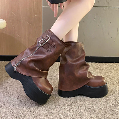 Soft Leather Ankle Mid Calf Boots Winter Autumn High Platform Wedge British Booties Woman New Ladies Chunky Motorcycle Boots 9CM
