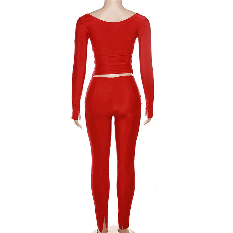 Simenual Casual Skinny Women Two Piece Set Sexy Deep V Crop Tops High Waist Pants Cyber Y2K Outfits Slim Co Ord Suits Streetwear
