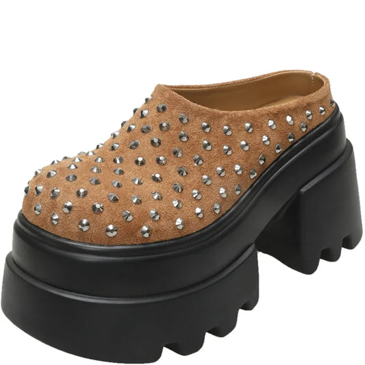 10CM New Rivet Platform Women Slippers Fashion Chunky High Heeled Sandals Comfort Roma Style Round Toe Slide Mule Shoes Summer