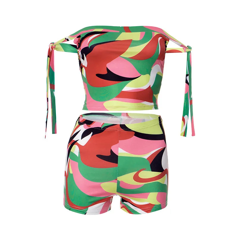 Joskaa Colorful Print Beach Style 2 Piece Sets Women Swimsuit Sexy Tube Tops and Shorts Matching 2025 Summer Bathing Suit