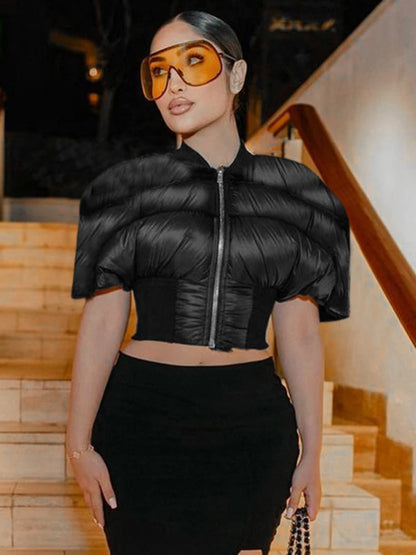 Weird Puss Hipster Zip Jacket Women Thick Padded Autumn New Fashion Shorts Sleeve Quilted Padded Casual Basic Wild Streetwear