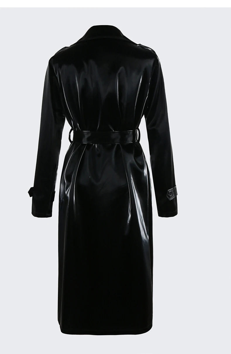 Nerazzurri Autumn Long Cool Black Shiny Glitter Patent Faux Leather Trench Coat for Women Sashes Double Breasted Europe Fashion