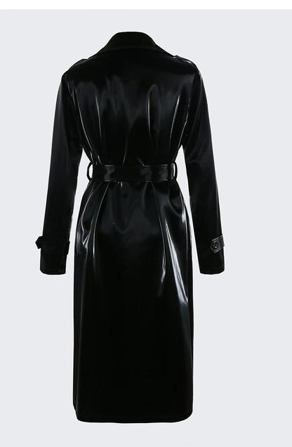 Nerazzurri Autumn Long Cool Black Shiny Glitter Patent Faux Leather Trench Coat for Women Sashes Double Breasted Europe Fashion