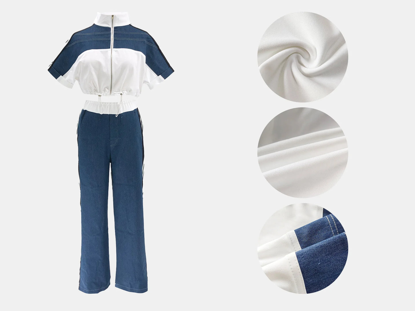 Pant Set Women Two Piece Sets Denim Matching Sets Jogger Tracksuit Matching Sets Zipper Tops Wide Leg Long Pants Elastic Waist