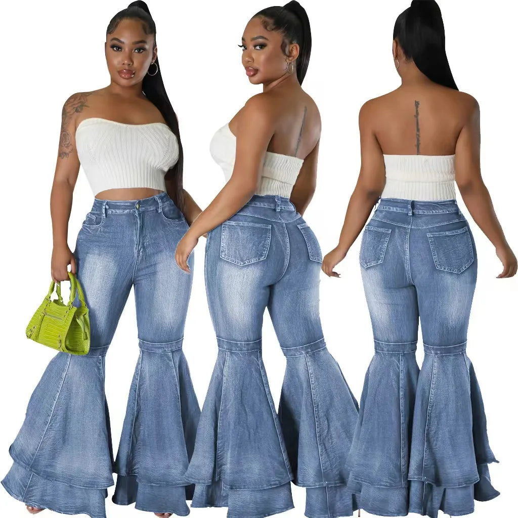 Fashion Versatile Wide Leg Washed Denim Stretch Flared Pants Women