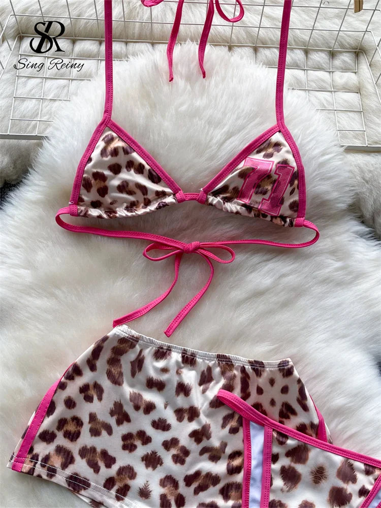 SINGREINY Leopard Bikini Hotsweet Three Piece Set Halter Bra+Slim Shorts+Mini Briefs 2024 Women Lace-Up Backless Sexy Suits