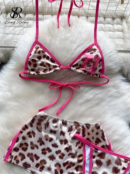 SINGREINY Leopard Bikini Hotsweet Three Piece Set Halter Bra+Slim Shorts+Mini Briefs 2024 Women Lace-Up Backless Sexy Suits
