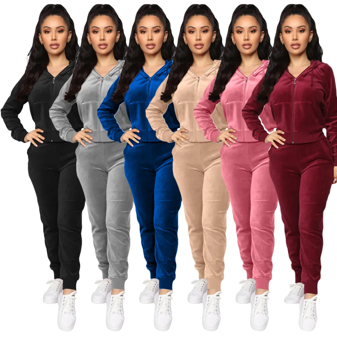 Women Pant Sets Comfortable Velvet Matching Sets Two Piece Set Autumn Loose Zipper Hoodie Jacket Elastic Waist Skinny Pants Sets