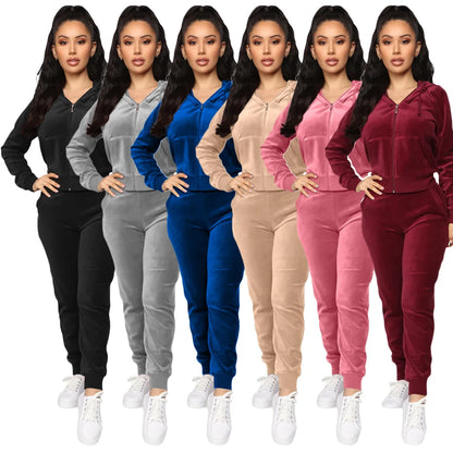 Women Pant Sets Comfortable Velvet Matching Sets Two Piece Set Autumn Loose Zipper Hoodie Jacket Elastic Waist Skinny Pants Sets