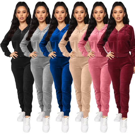 Women Pant Sets Comfortable Velvet Matching Sets Two Piece Set Autumn Loose Zipper Hoodie Jacket Elastic Waist Skinny Pants Sets