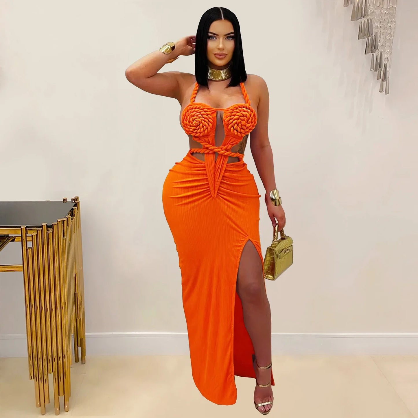 CM.YAYA Women Hemp Rope Halter Neck Stacked Ruched High Split Knit Bodycon Midi Maxi Long Dress 2025 Birthday Sexy Party Dresses