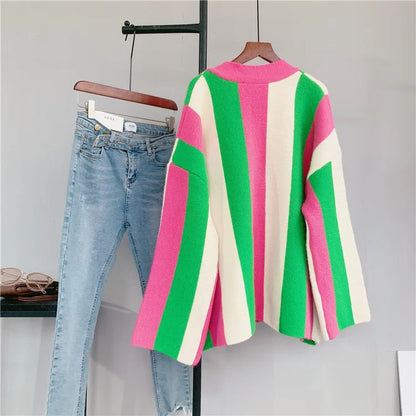 Joskaa Striped Patchwork Knitted Cardigan Women V-Neck Long Sleeve Single Breasted Sweater Coat Autumn 2023 Outwear Streetwear