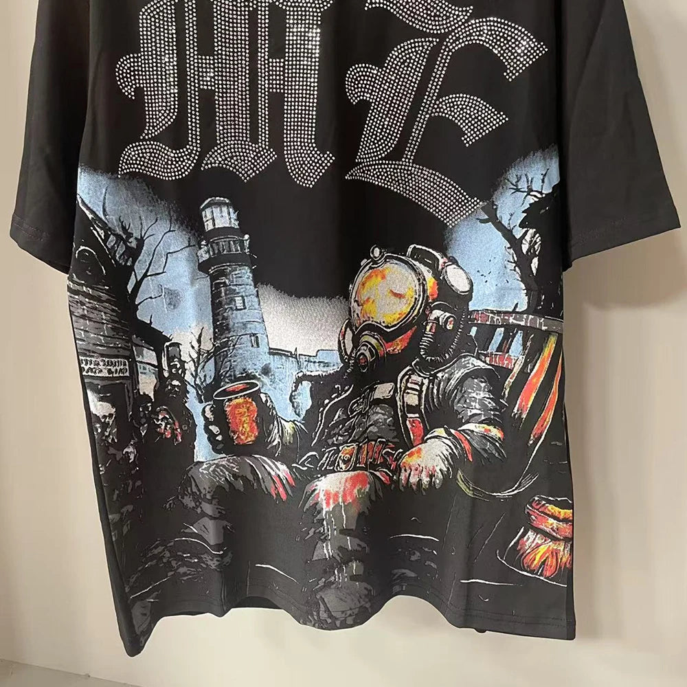 New Summer Letter Rhinestone Short Sleeve Black Mens Tshirts Streetwear Cotton Loose Round Neck Top Tees Oversized Unisex Tshirt