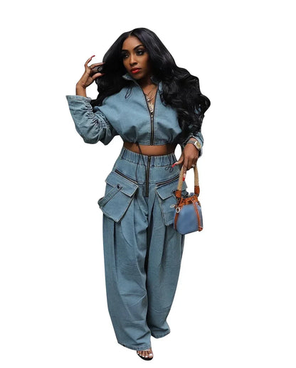 Casual Loose Denim Two Piece Set for Women Streetwear 2023 Autumn Zipper High Collar Crop Top Elastic Waist Wide Leg Cargo Pants