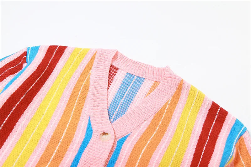 Whatiwear Colorful Striped Sweater Woman Y2K Trend Single-Breasted Long Sleeve Street Hipster Wild Loose Classic Cardigan Coats