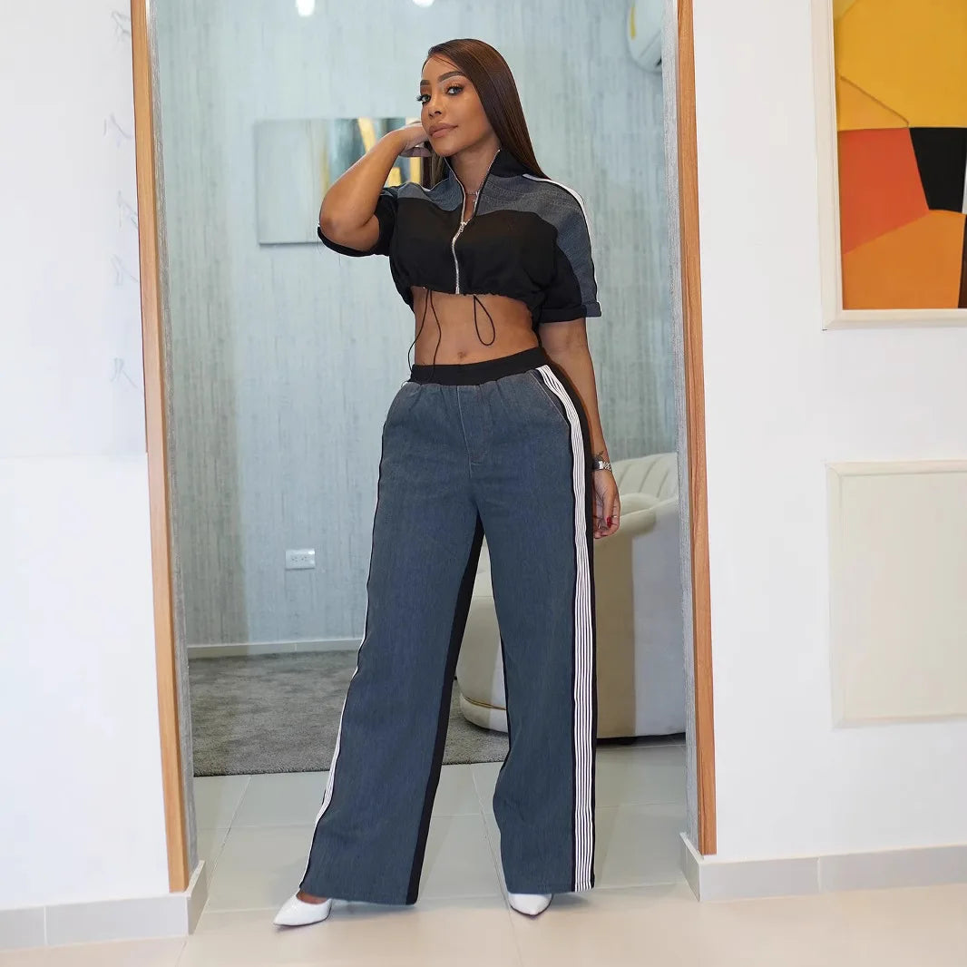 Pant Set Women Two Piece Sets Denim Matching Sets Jogger Tracksuit Matching Sets Zipper Tops Wide Leg Long Pants Elastic Waist