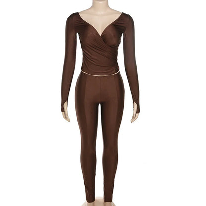 Simenual Casual Skinny Women Two Piece Set Sexy Deep V Crop Tops High Waist Pants Cyber Y2K Outfits Slim Co Ord Suits Streetwear