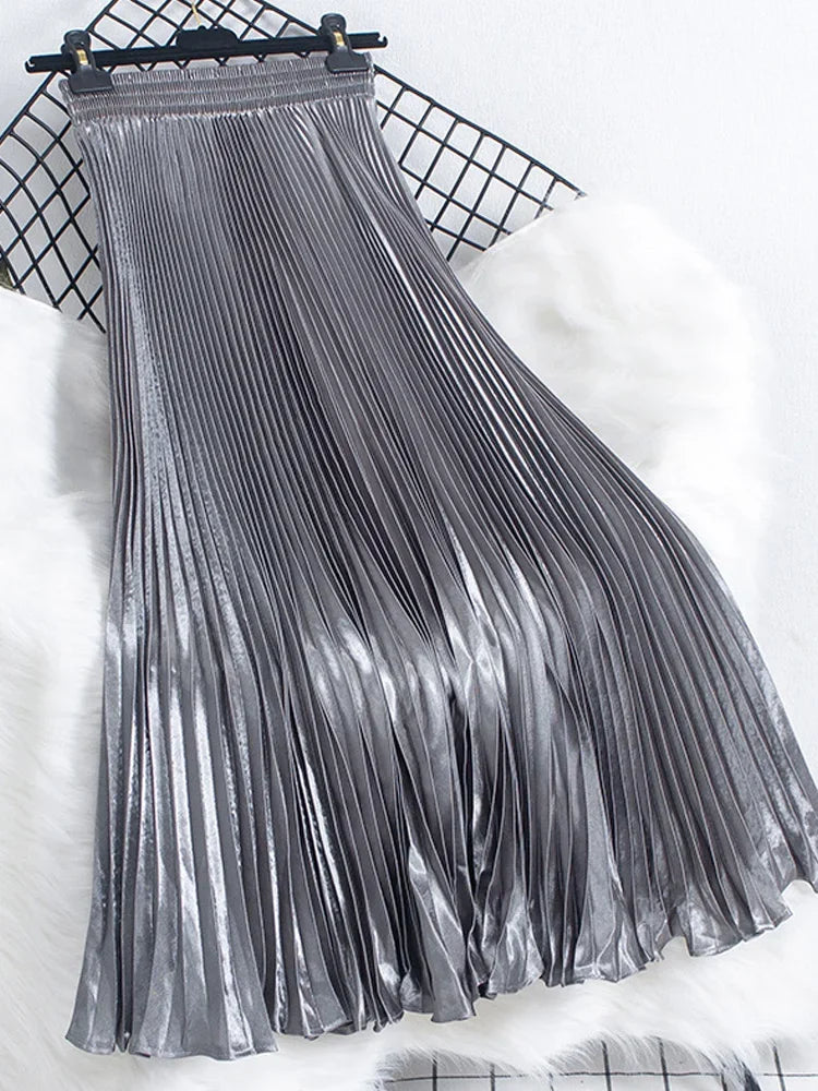 Women's Fashion Pleated Mermaid Long Skirt Korean Style Casual High Waist Satin Flowy Skirts Shiny 19 Colors 2024 Spring SK500