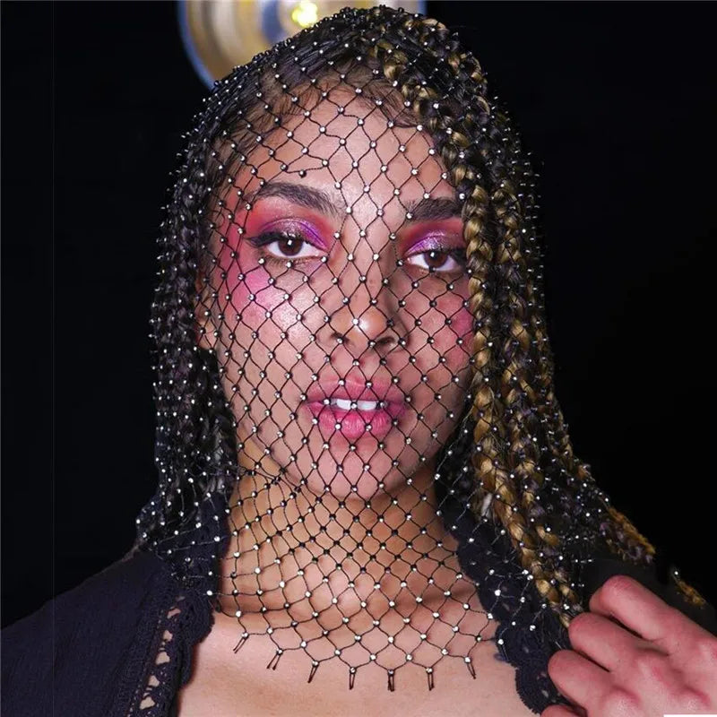 Women Balaclava Elastic Rhinestone Turban Ladies Shining Fishnet Headhood Club Rave Party Head Mask Diamond Headwrap Headcover