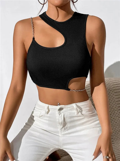 High Street Grunge Chain Cut Out Crop Top Women Summer Y2K Clothes Solid Black Asymmetrical Neck Sleeveless Tank Top Streetwear