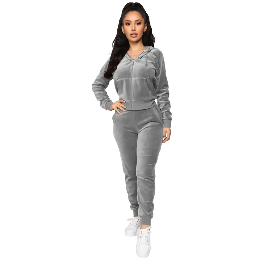 Women Pant Sets Comfortable Velvet Matching Sets Two Piece Set Autumn Loose Zipper Hoodie Jacket Elastic Waist Skinny Pants Sets